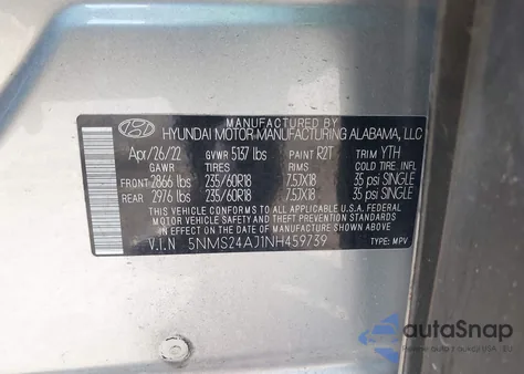 2022 Hyundai Santa Fe Sel из США, поврежденный, VIN 5NMS24AJ1NH459739